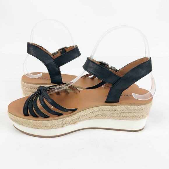 Lucky Brand Womens Juniffer Sandals 7 Black Leather Espadrille Wedge - Picture 5 of 10